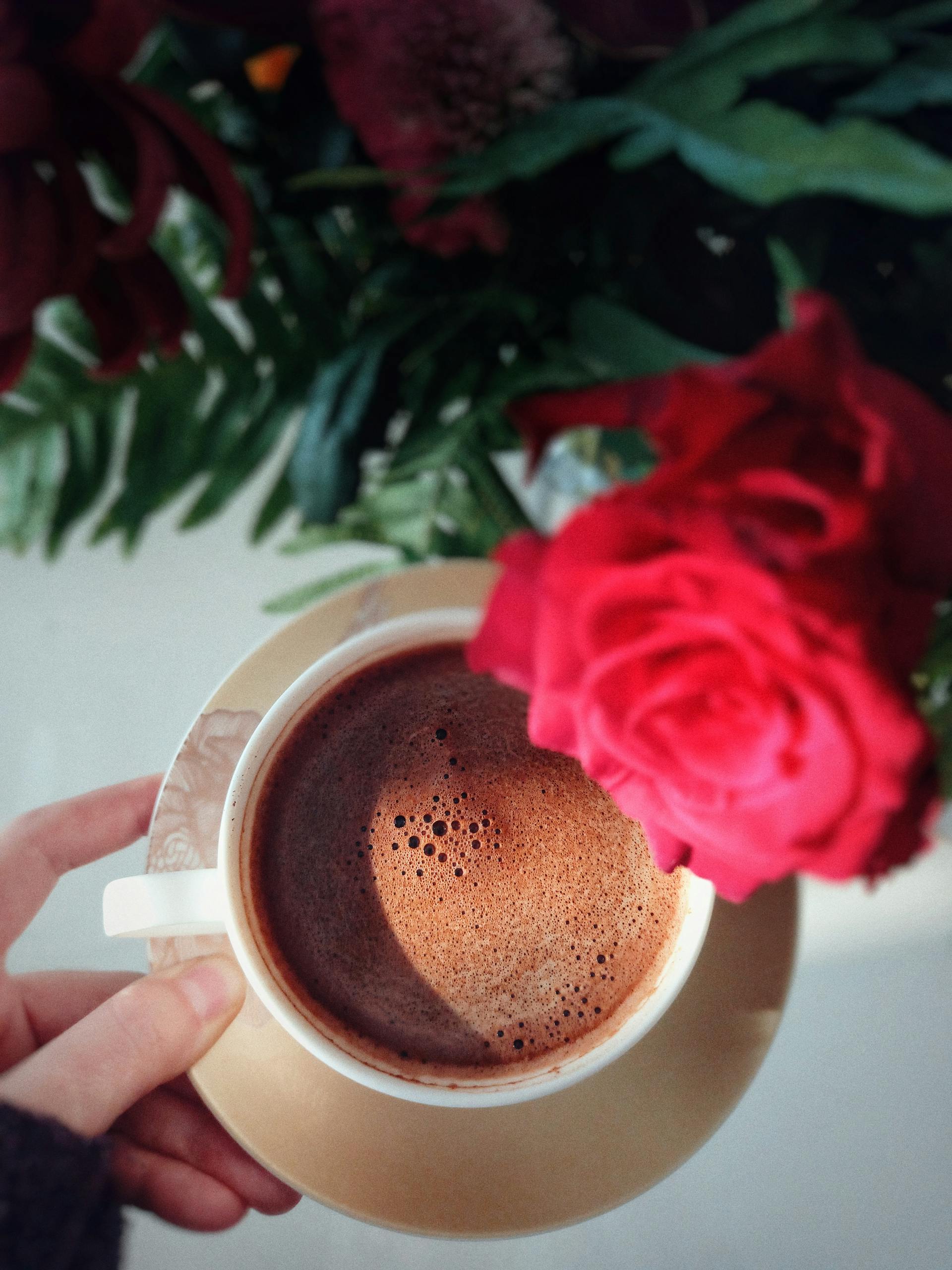 A top-down view of a coffee cup being held, accompanied by vibrant red roses.